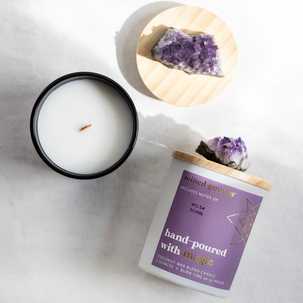 White birch candle with amethyst crystal