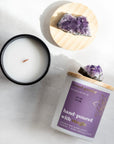 White birch candle with amethyst crystal