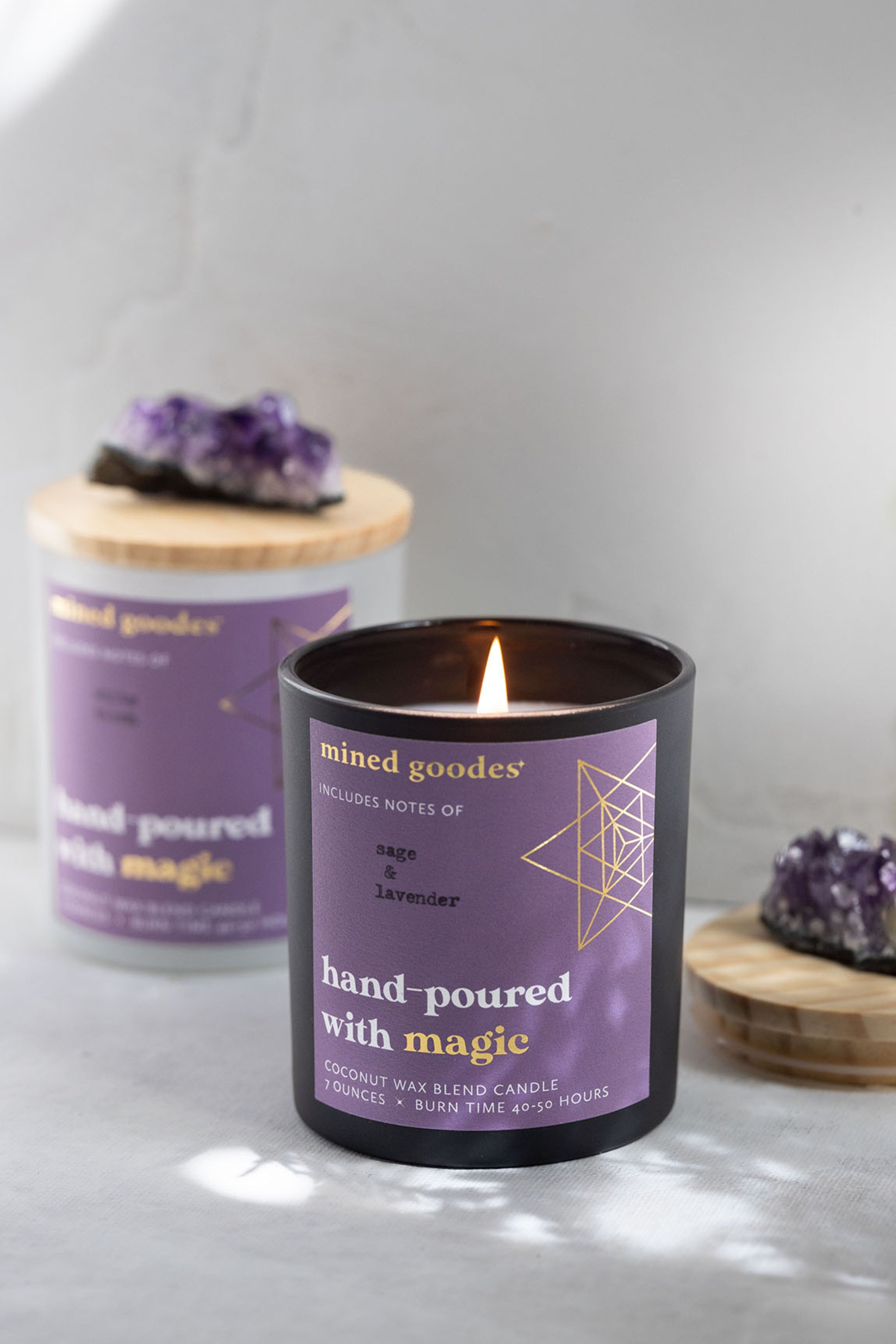 Sage and lavender coconut oil candle with amethyst on top