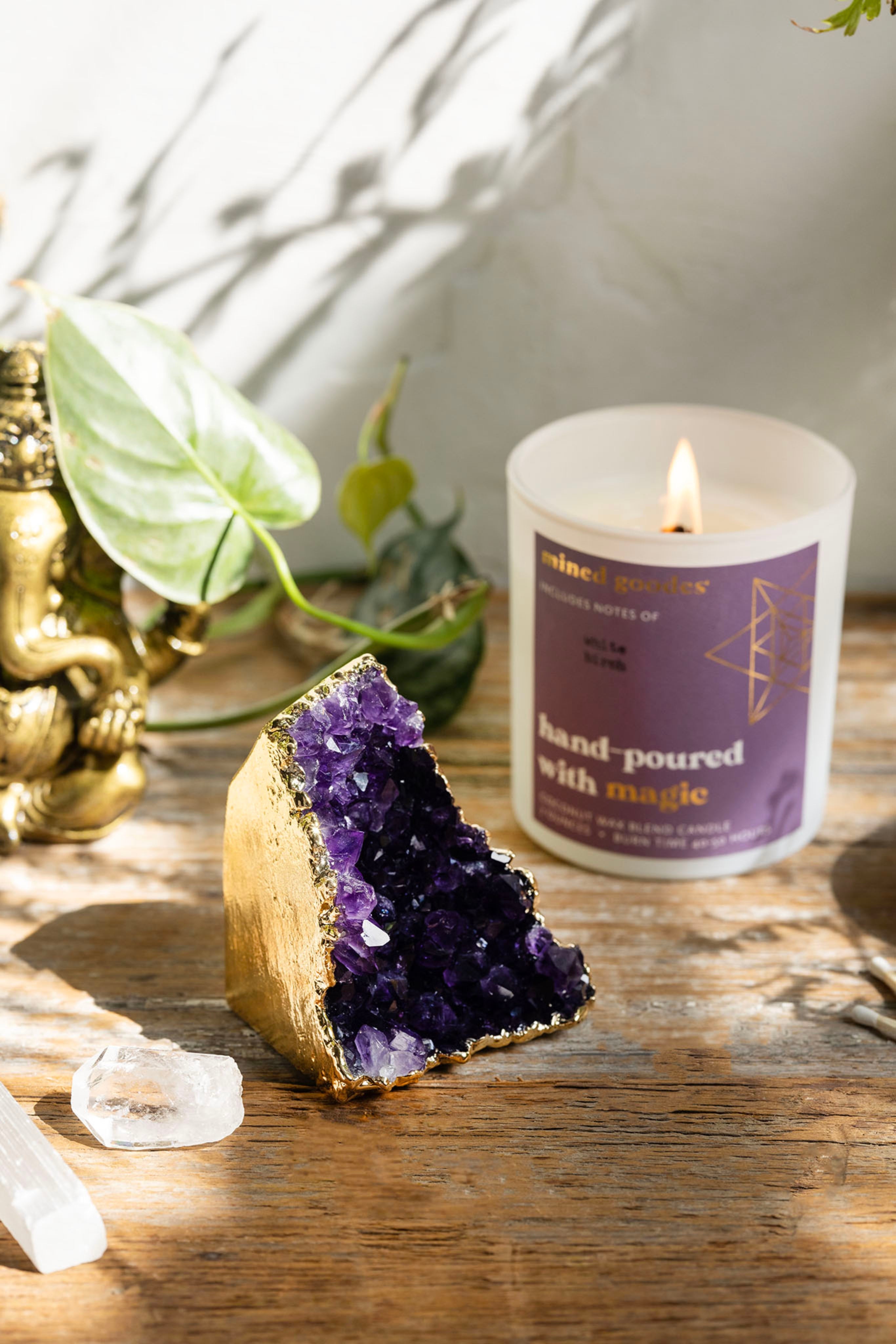 24k gold plated amethyst crystal and white birch scented candle