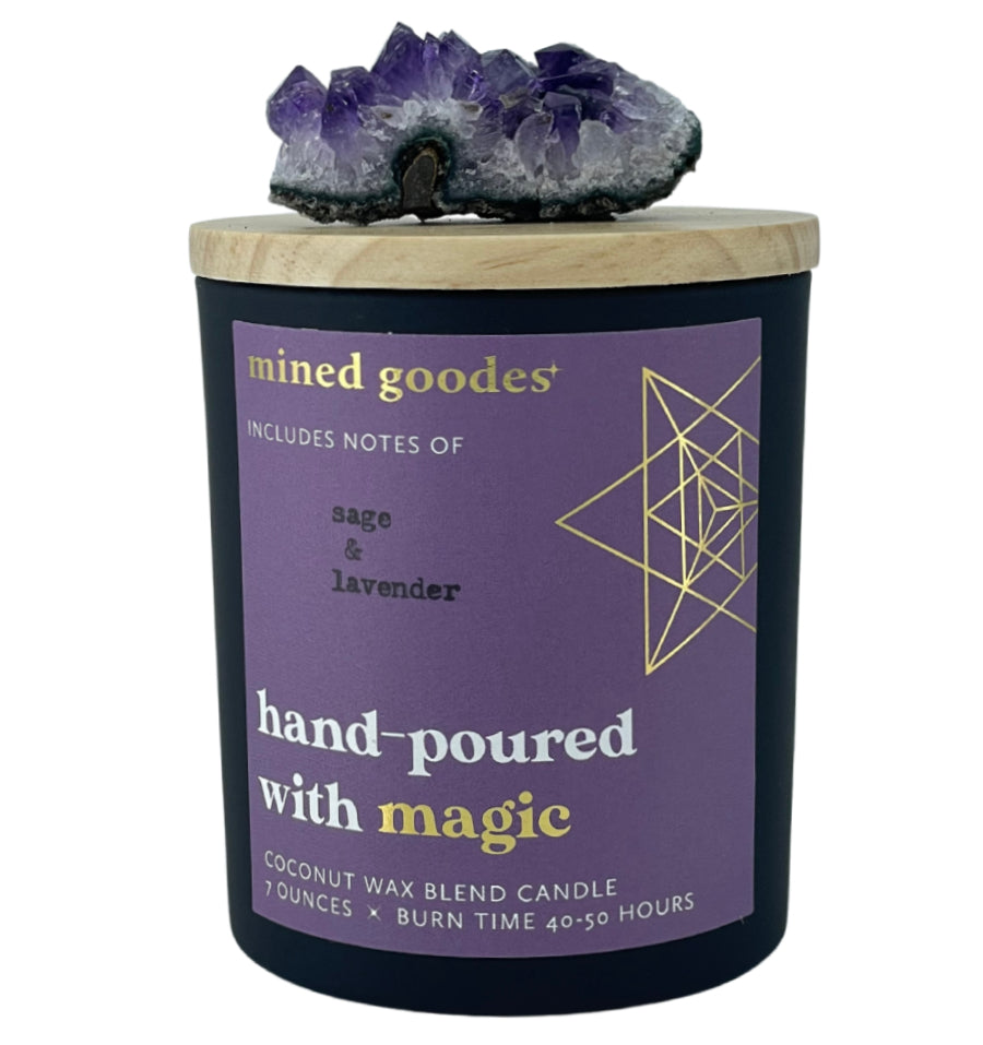 Sage and lavender candle with amethyst crystal on top