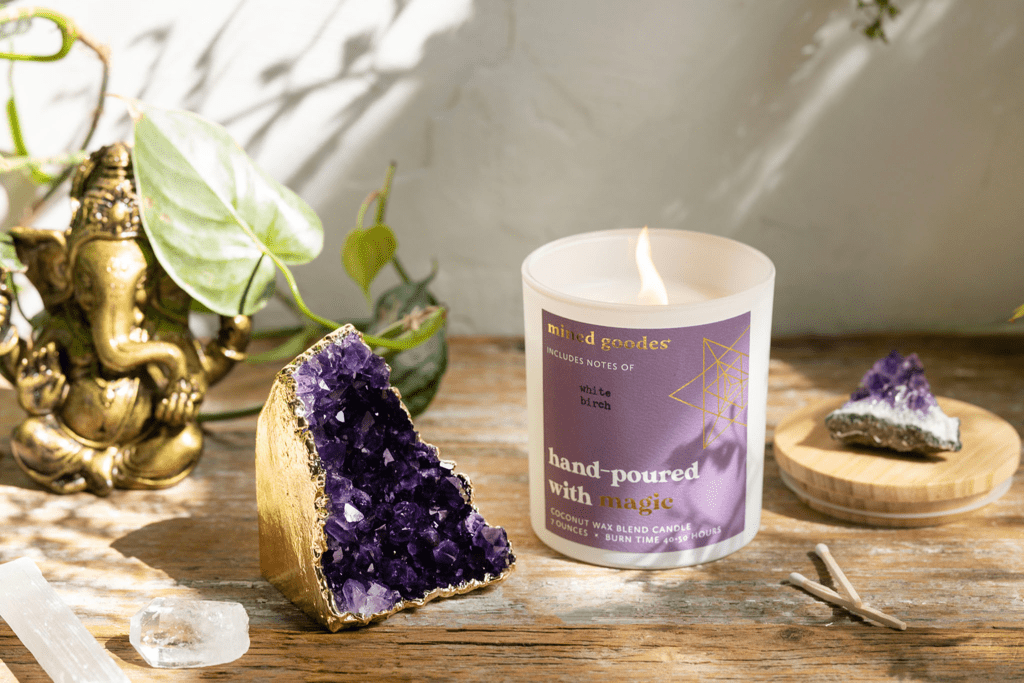 24k gold plated amethyst crystal and white birch scented candle