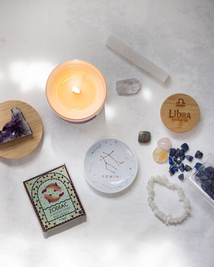 Birthday gift box with zodiac plate, zodiac crystals, and amethyst candle