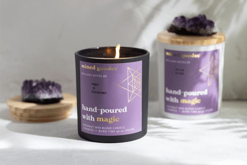 Sage and lavender candle with amethyst cluster