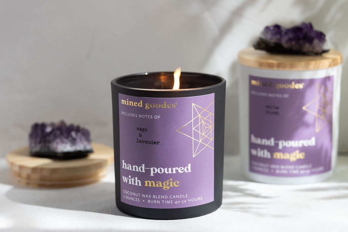 Sage and lavender coconut oil candle with amethyst on top